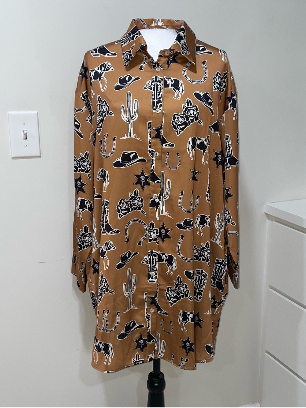Western Shirt Dress Camel Toffee Brown Country Horse Rodeo Horseshoe Cowgirl - Picture 3 of 14